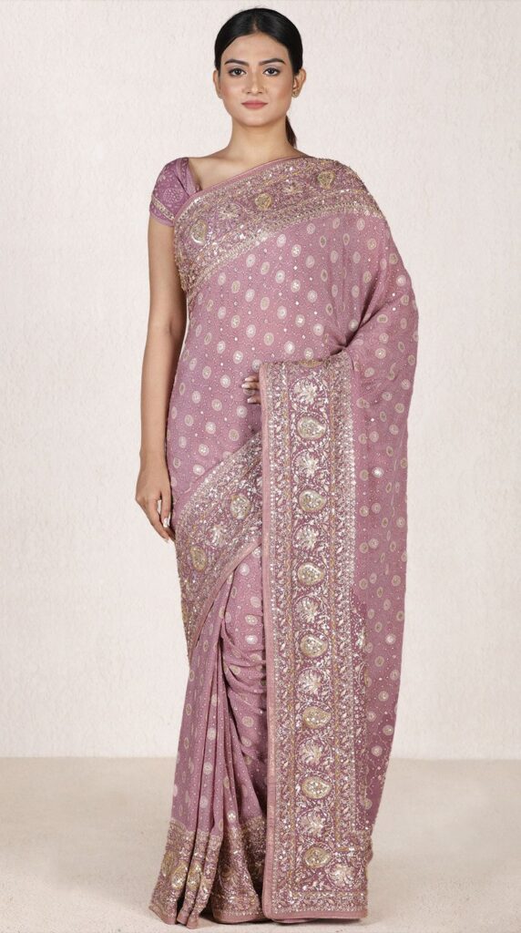 A cocoa brown Tussar silk saree adorned with delicate grey floral prints, showcasing an elegant blend of earthy tones and artistic design. Perfect for formal events or casual gatherings, this saree exudes sophistication and timeless charm.