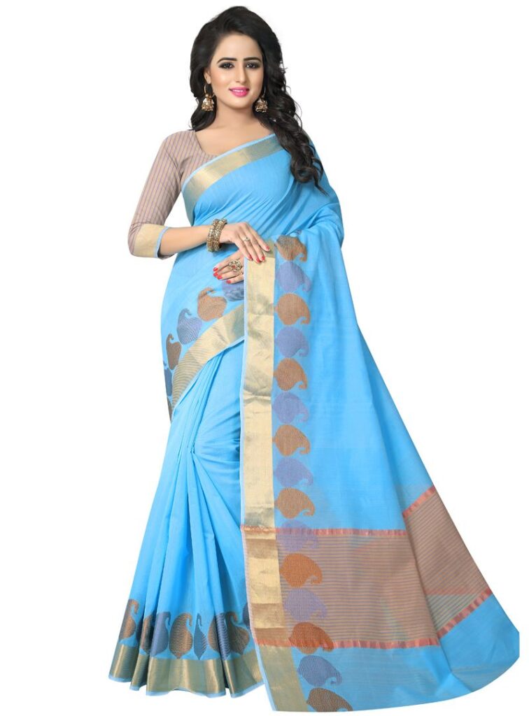 **Blue Banarasi Silk Saree with Magenta Border** A vibrant blue Banarasi silk saree featuring a contrasting magenta border, adorned with traditional Zari work for an elegant and festive look.