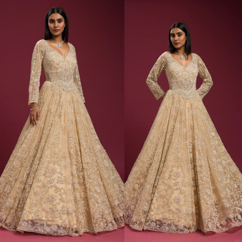 Cream Bead Embroidered Net Evening Gown with V Neck