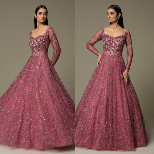 Dusty Rose Pink Stone Embroidered Net Bridal Gown