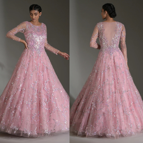 Pastel Pink Sequins Embroidered Net Bridal Gown