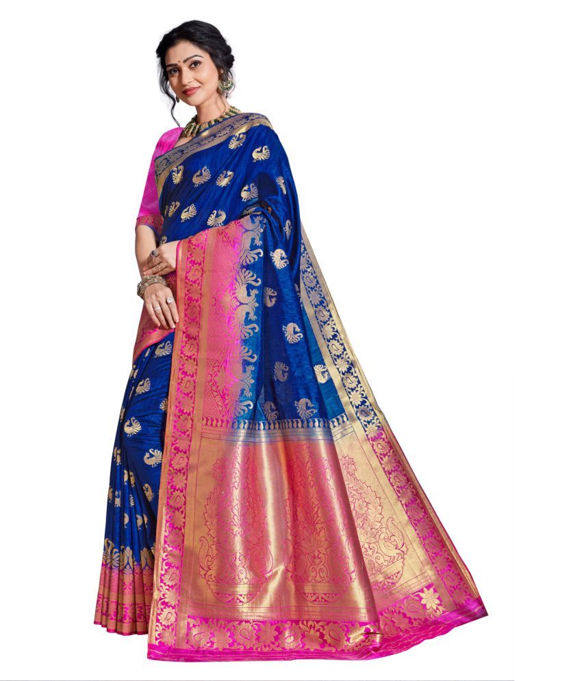 Blue Banarasi silk saree with a vibrant magenta border, featuring intricate zari work for a luxurious and elegant look.