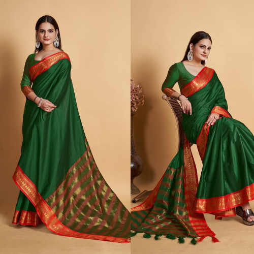 "Graceful Green Woven Faux Kanchipuram Zari Silk Saree with Intricate Gold Detailing"