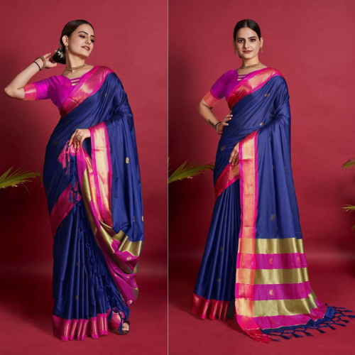 "Navy Blue Woven Faux Kanchipuram Zari Silk Saree with intricate zari work for a classic, elegant look."