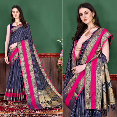 "Navy Blue and Pink Woven Faux Kanchipuram Zari Silk Saree with intricate zari work and a rich, elegant design."