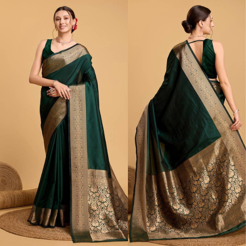 "Graceful Green Woven Faux Kanchipuram Zari Silk Saree with Intricate Golden Detailing"