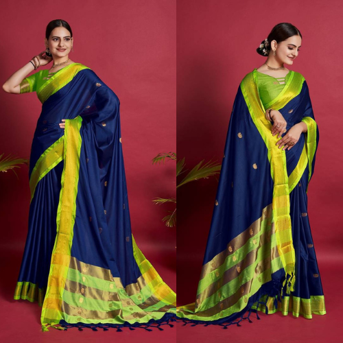 "Navy Blue & Yellow Woven Faux Kanchipuram Zari Silk Saree with Intricate Zari Work and Elegant Color Contrast"