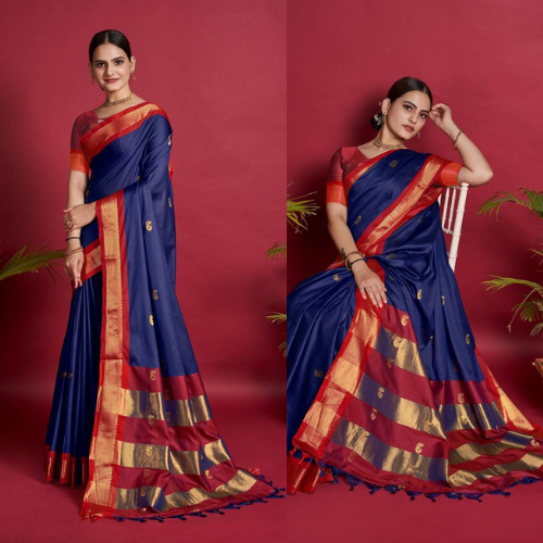 "Navy Blue & Yellow Woven Faux Kanchipuram Zari Silk Saree with Intricate Zari Work and Elegant Color Contrast"