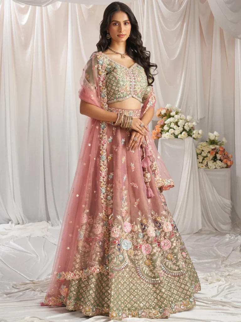 A Tissue Bridal Lehenga is a luxurious wedding outfit made from lightweight, shimmering tissue fabric.