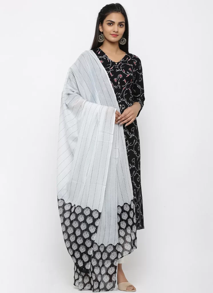 This elegant black cotton printed salwar suit features a traditional design with intricate patterns, paired with a lightweight Kota dupatta for a refined touch. 