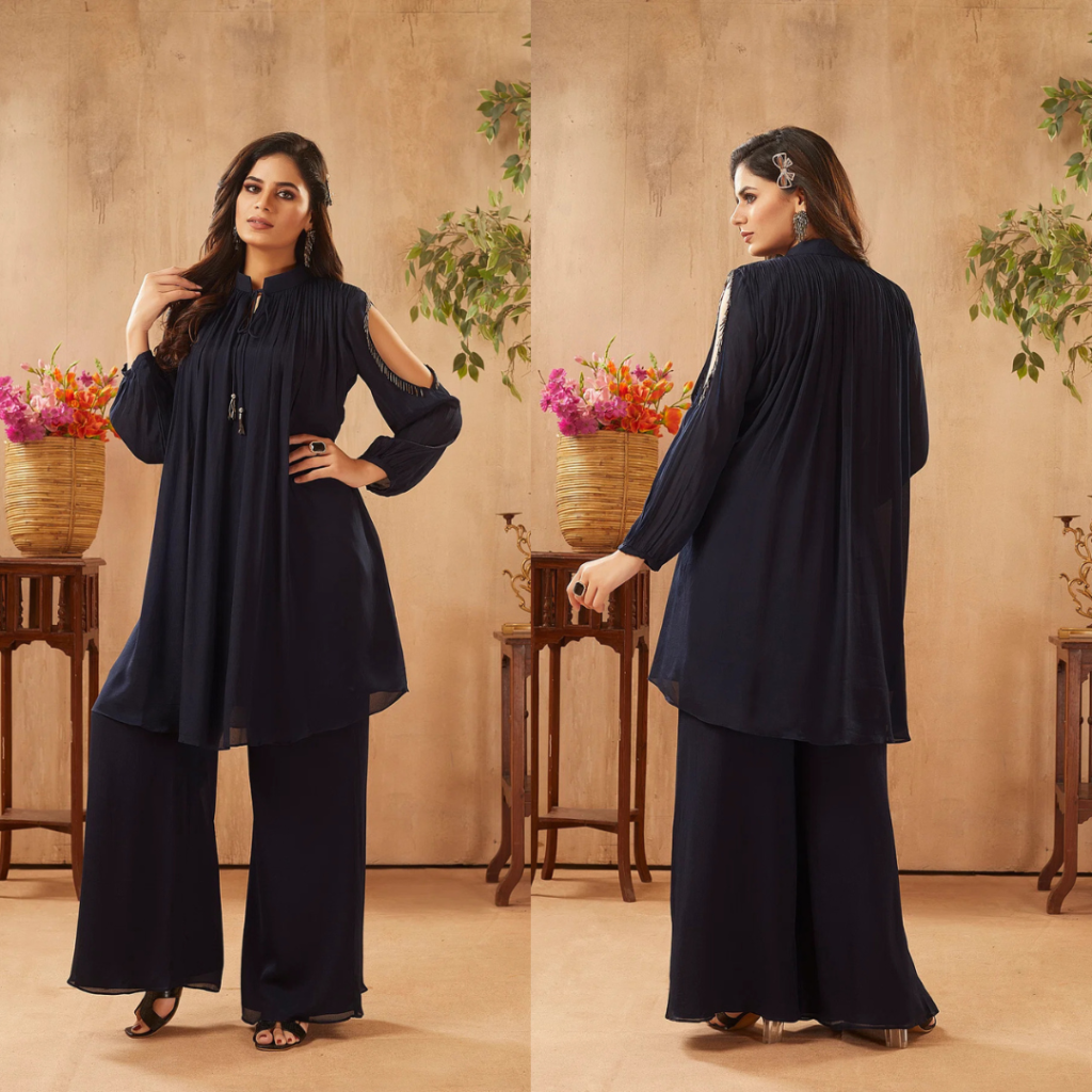 Black Plain Organza Palazzo Suit