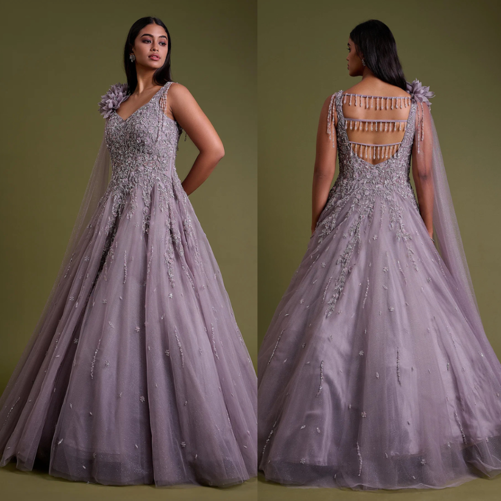 Lavender Net Evening Gown with Sequins Embroidery