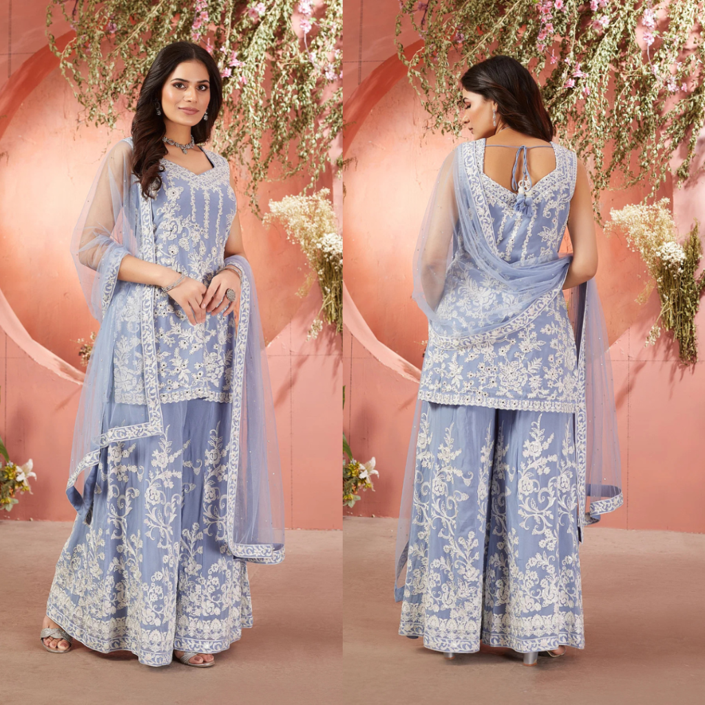 Blue Georgette Palazzo Suit with Resham work And Pentagon Neck