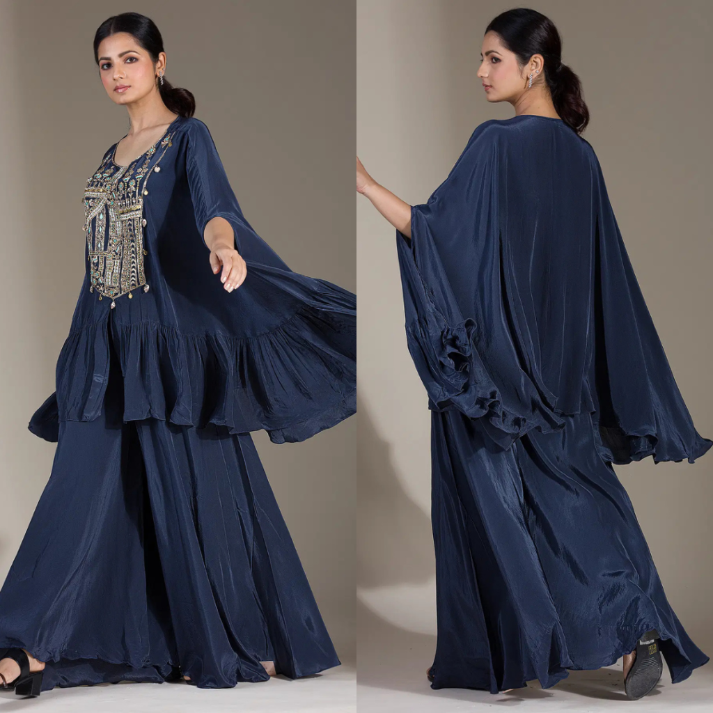 Dark Navy Blue Sequins Embroidered Satin Palazzo Suit