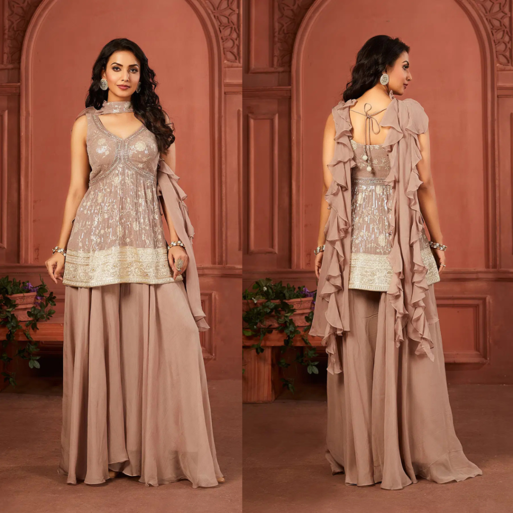 Pink Georgette Palazzo Suit With Stone work And Curve V-Neck