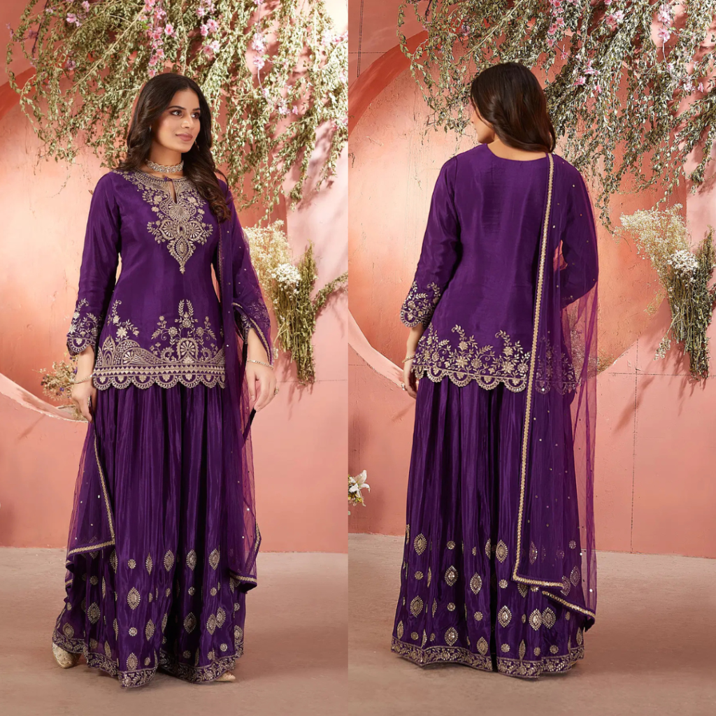 Purple Crepe Palazzo Suit with Zari work And Keyhole Neck