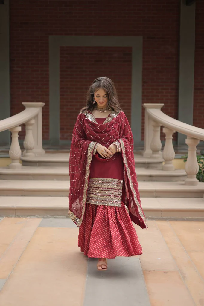 Maroon Premium Designer Readymade Top, Sharara, and Dupatta Collection featuring elegant, intricate designs for a luxurious and stylish look.