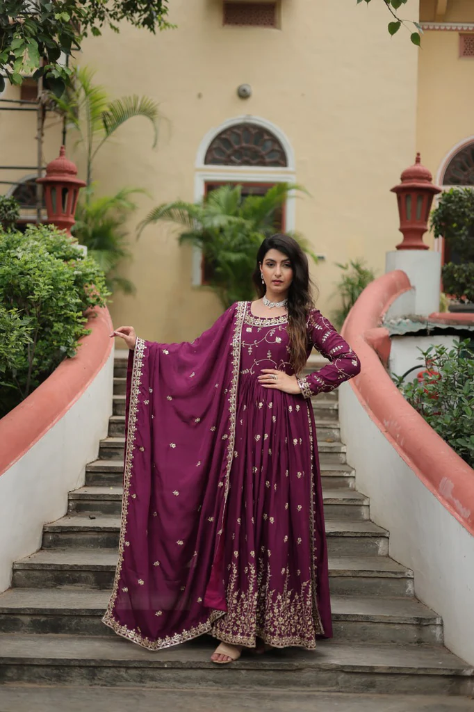 Sharara Dupatta Designs 2025 Wine-colored chinon suit with sequins-embroidered sharara and dupatta.