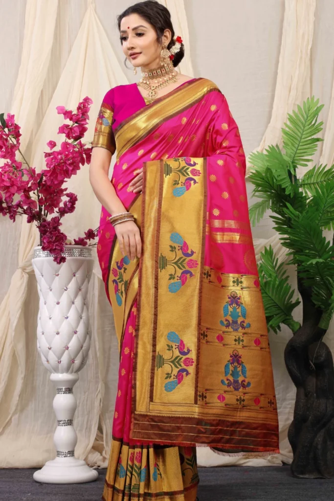 A luxurious Banarasi silk saree featuring intricate woven patterns and a beautifully designed border, perfect for elegant and traditional occasions.